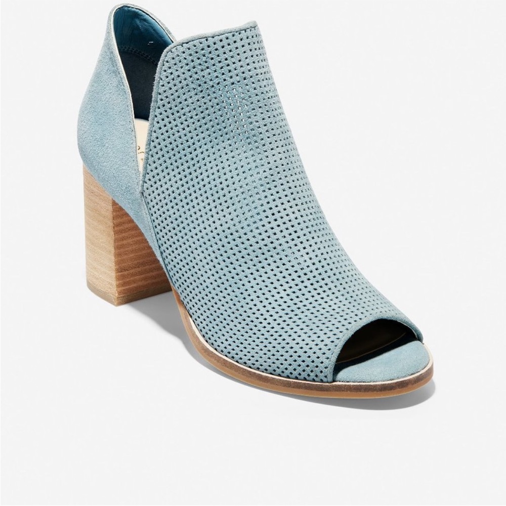 Cole Haan Perforated Shiloh Open Toe Bootie in Blue Chunky Heel
